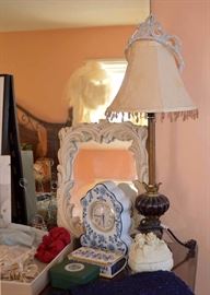 Vanity Items, Wood Framed Mirror, Table Lamp