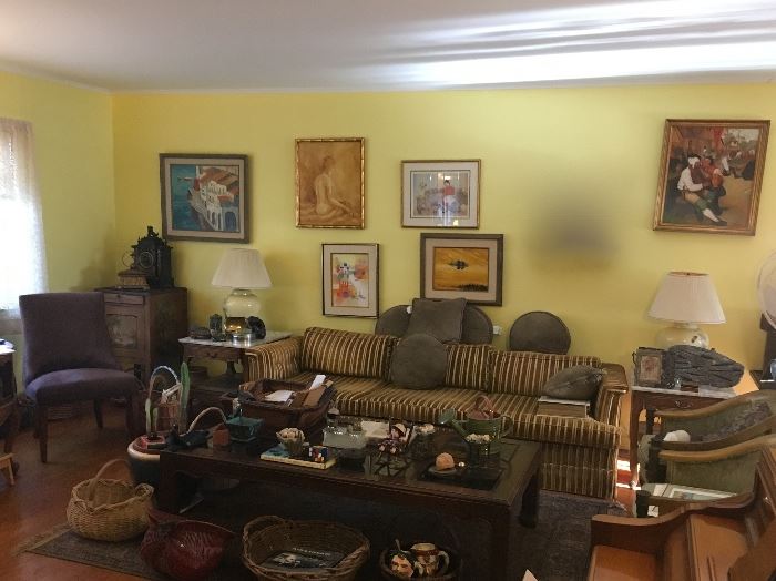 Lots of art, occasional tables, chairs & lamps