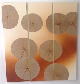 Mixed media triptych, acrylic background with real lotus leaves, 60" high, 54" wide
