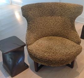 Thayer Coffing Polk dot easy chair, one of a pair of small stands carved out of one block of wood