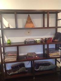 One of two modern etageres with vintage records, large amethyst Crystal geodes