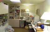 Packed quilters, knitters craft room, loads of supplies, yarn,fabric,kits,materials and Techline cabinets and L shaped workbench, sewing table, etc. 1000's of items.