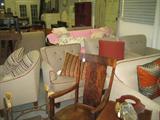 Vintage Arts & Crafts wood high-back armchair. Many sofas and upholstered pieces.