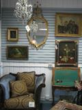 Original oil paintings. . Ornate vintage gilt & gesso mirror. Antique Game Table.