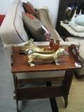 Mission book stand, boot scraper, misc copper and brass items.