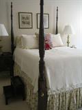 4 poster queen bed with a sleep number mattress, box spring, all beding with matching curtains and step stool.