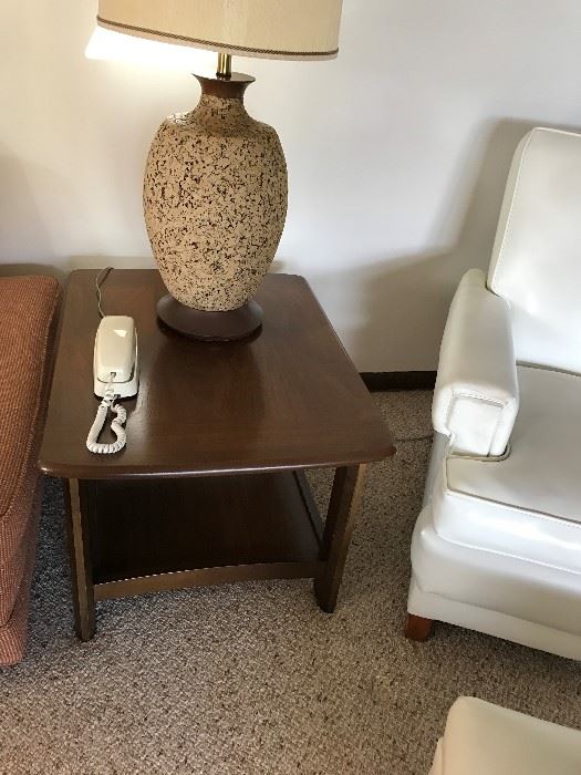 Mid Century Modern Side Table and Danish Modern Pottery Lamp.