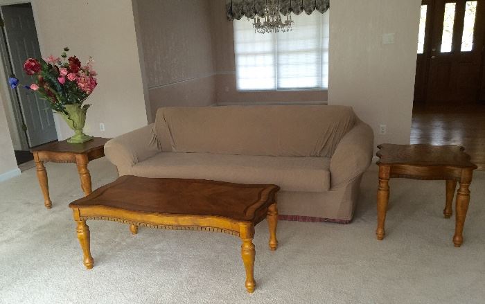 Sofa with Neutral Cover (Red underneath), Matching Coffee Table & 2 End / Side Tables.