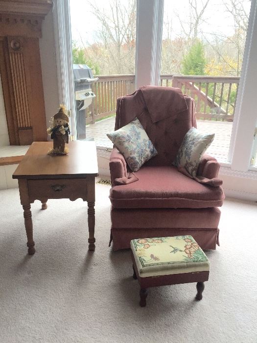 Swivel Rocking Chair, Nice Side Table, Embroidered Foot Stool.