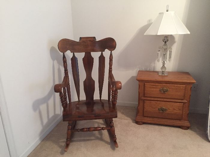 Wood Rocking Chair, Night Stand / Side Table, Nice Crystal Lamp.