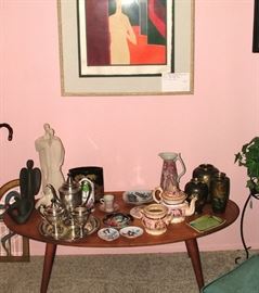 Mid-Century modern coffee table, signed and numbered prints by well-known artist including Salvador Dali, Silver tea set, Items from Bjorn Wiinblad and Nymolle, mid-century decor and so much more!