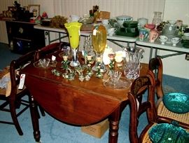 Antique Table, Antique Zebra or Tiger Wood Cane Chairs, Enamel Decorative Items, Tea and Toast for four, Signed Art Glass Vases, Sandwich Glass, tea sets, napkin rings and so much more!