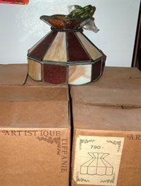 a set of 4 Tiffanie hanging slag glass chandeliers