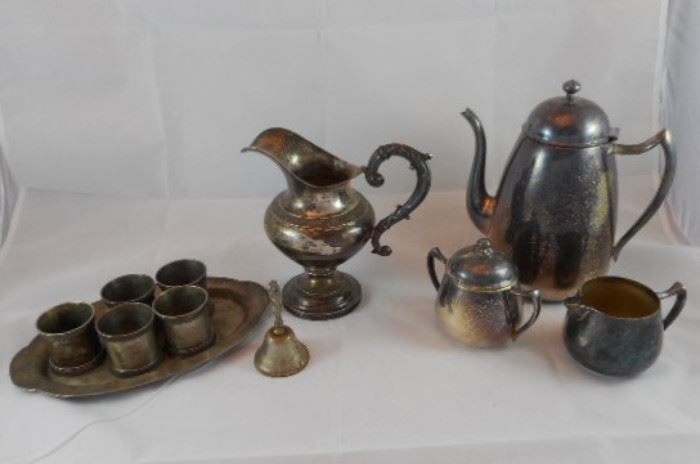 Silver Teapot, Pitcher, Napkin Holders