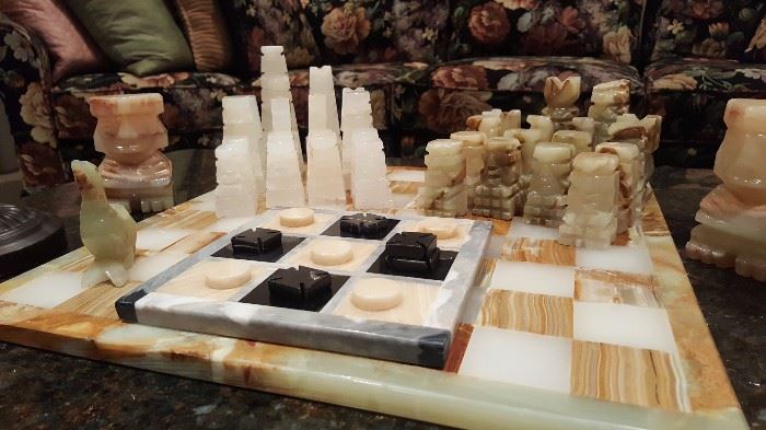 Antique carved Aztec onyx chess set