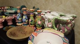 Colorful pottery, hand painted candlesticks by Milson & Louis, Clay & Colour bowl, World Bazaars pitchers, signed pottery bowls