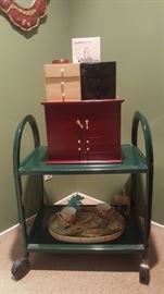 Jewelry boxes, bar cart