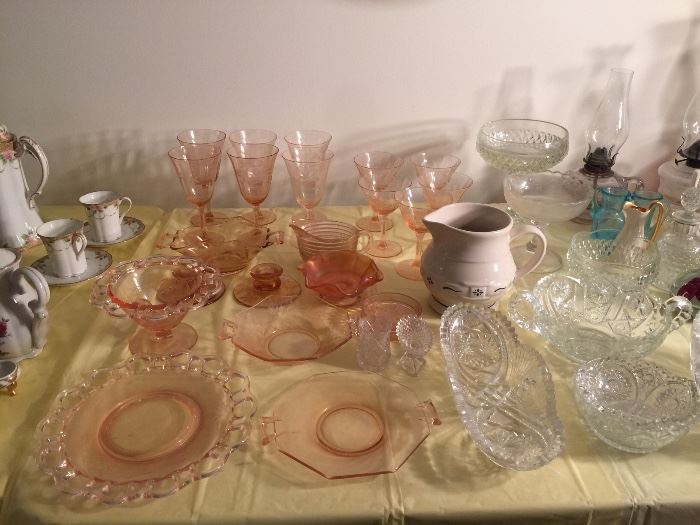 Pink depression glass, cut glass, and pressed 