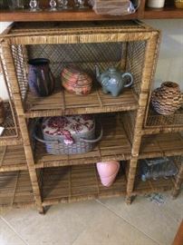 There are several rattan shelving