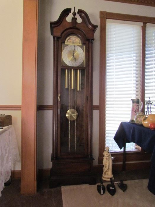 EXQUISITE GRANDFATHER'S TALL CLOCK WITH MOON DIAL, VARIOUS ANTIQUE CAST METAL IRONS, STATUE ETC.