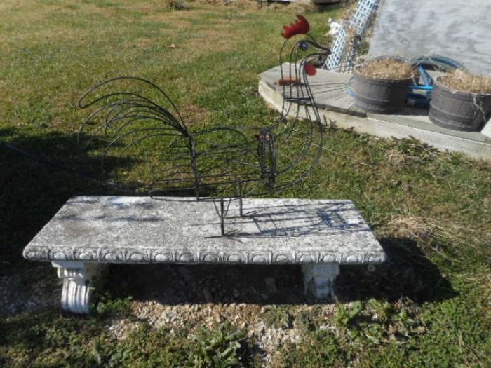 Bench, Metal Rooster Yard Art, Planters and Animal Statues Yard Art