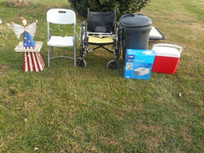 Yard Art, Folding Chair, Wheel Chair, Trash Can, Foot Spa and Cooler