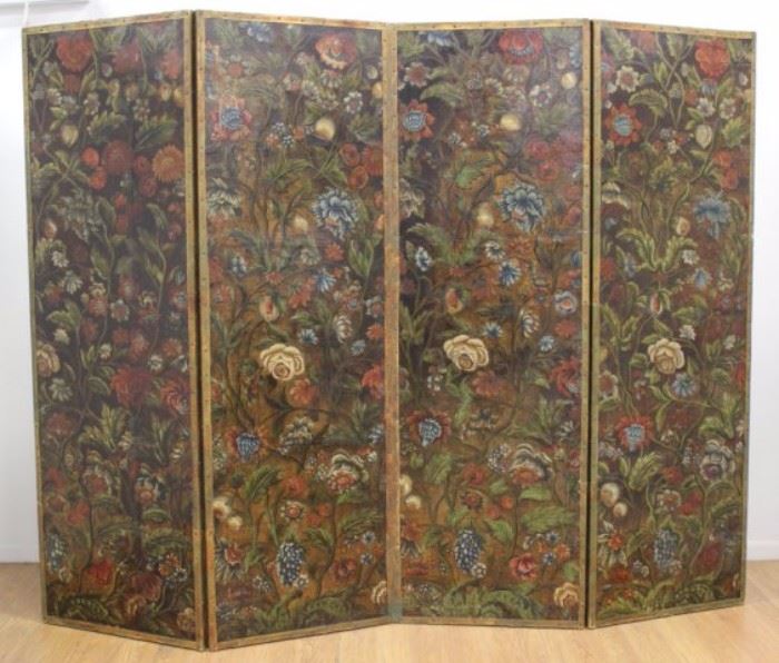Lot 760: Baroque Style Polychromed Leather 4-Panel Screen