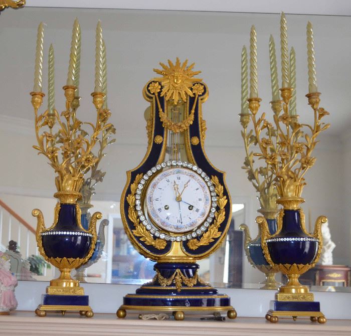     19th c Louis XVI style clock & candelabras signed Fernanand Gervais Paris