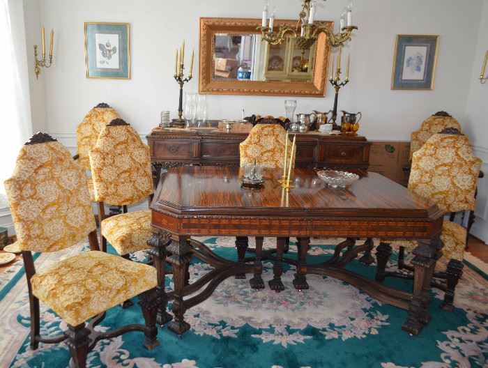  Gorgeous Inlaid (7 types of wood) dining room suite w/table & 6 chairs