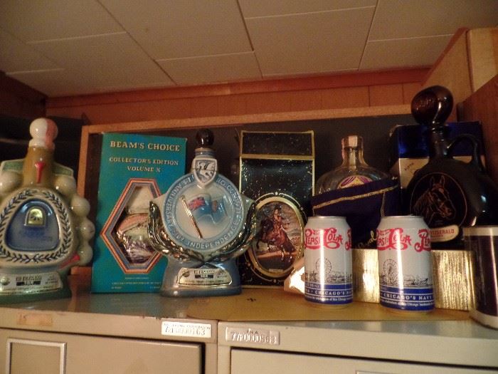 Vintage  Jim Beam bottles and Pepsi Navy Pier cans