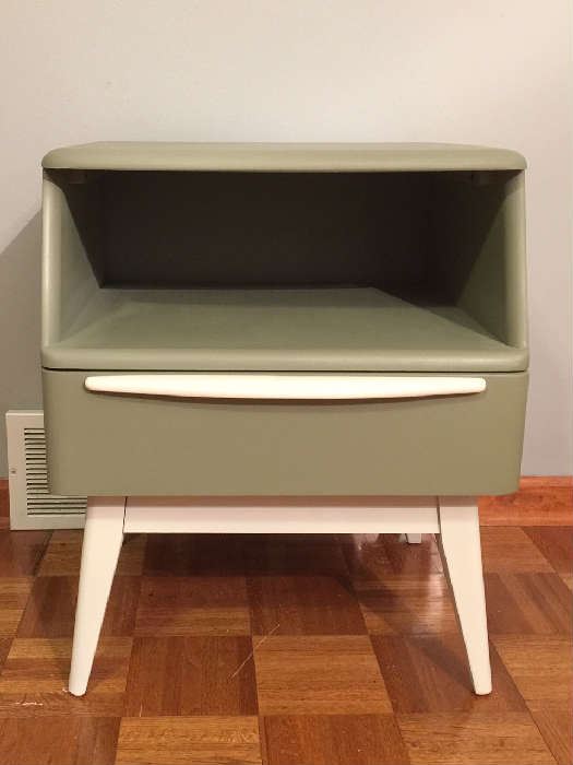 Heywood Wakefield Encore nightstand, professionally painted with Benjamin Moore paint. Custom cut glass top not pictured but included.