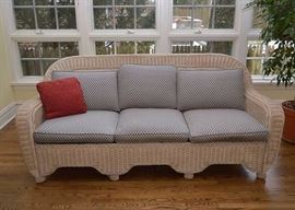 Lovely White Wicker 3-Seat Sofa with Cushions by Henry Link