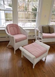 White Wicker Arm Chair & Ottoman with Pink Cushions