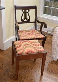 Vintage Wood Chair with Harp Back, Flame Upholstered Seat & Matching Stool