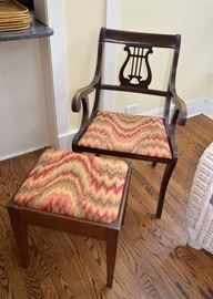 Vintage Wood Chair with Harp Back, Flame Upholstered Seat & Matching Stool