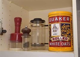 French Press Coffee Maker, Chopper, Pepper Grinder, Quaker Rolled Oats Tin