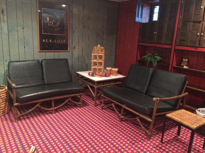 Vintage rattan and vinyl sectional love seats with corner table