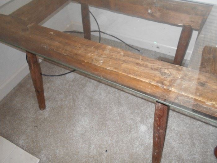 PRIMITIVE TIMBER WITH GLASS TOP ACCENT TABLE