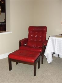 Red Leather Midcentury Chair & Ottomen