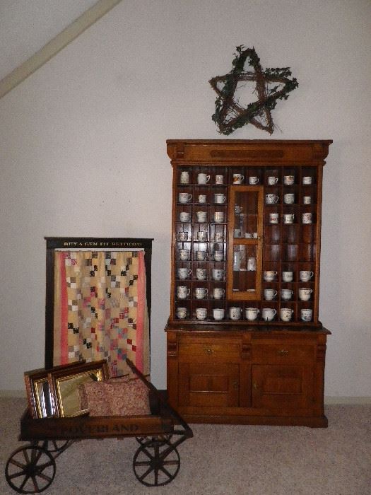 Barber Shop Shaving Mug Cabinet and Mug Collection. Antique Wagon. Gemette Petticoat Store Display.