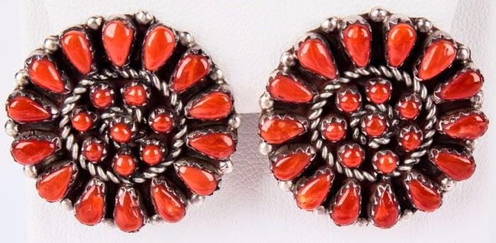 Lot 50 - Jewelry Sterling Silver Zuni Coral Earrings