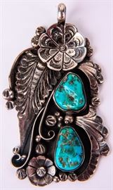 Lot 390 - Jewelry Large Sterling Silver Turquoise Pendant