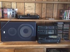 Vintage Stereo Equipment, Sansui Tuner and Amp, Kenwood Disc Player, Sansui Speakers, DVD's and CD's