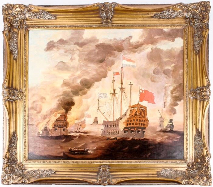 Lot 149 - Art Painting 18thC. Naval Sea Battle Sailing Ships