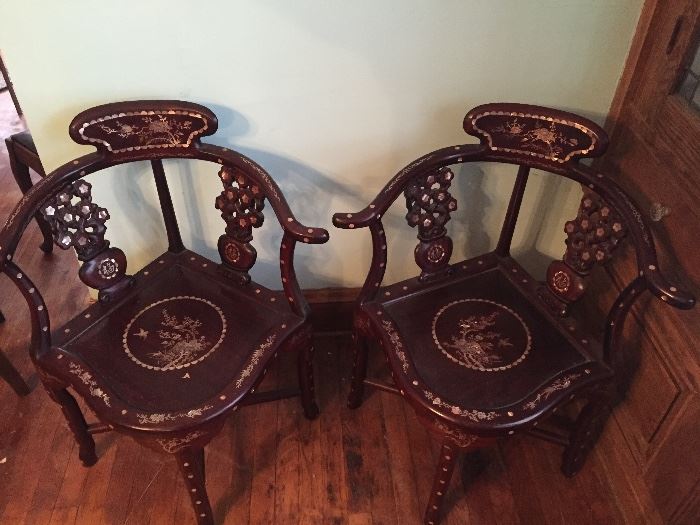 Pair of beautiful antique mother of pearl inlaid Chinese chairs