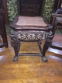 Short Chinese antique marble top carved table