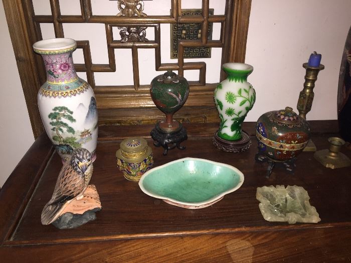 Antique Chinese porcelain, Peking glass, cloissone, stone items, pewter items, carved bone and wood items and so much more!
