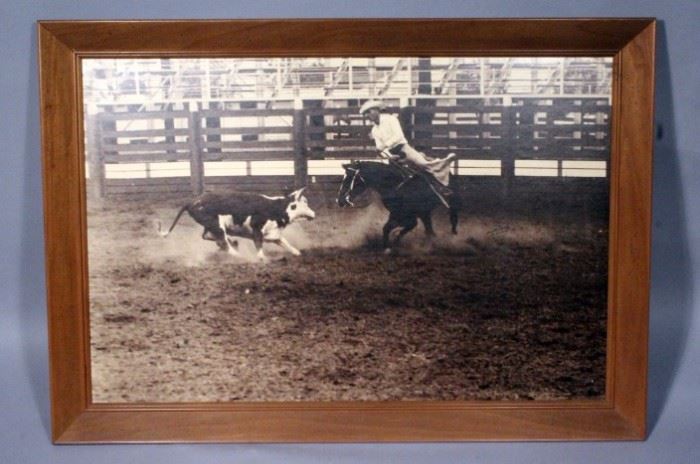 James Cathey Framed Cattle Roping Photo, 33.5" x 23.5"