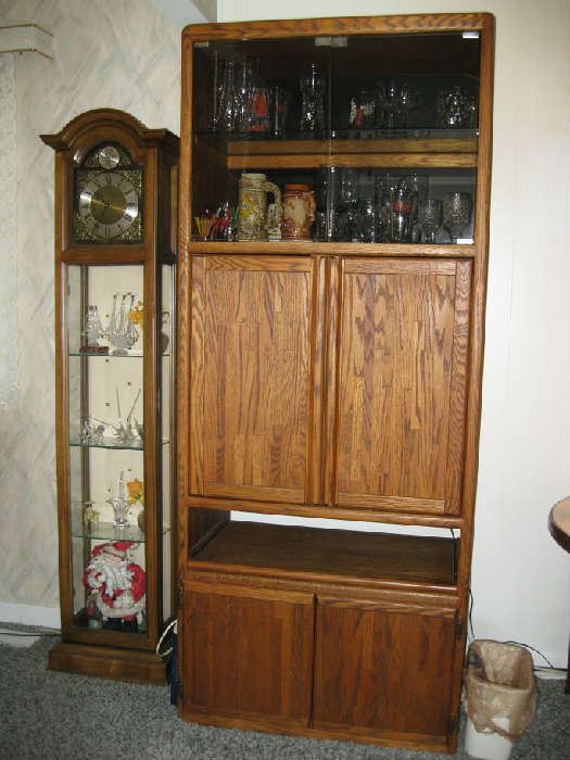clock curio cabinet, oak cupboard