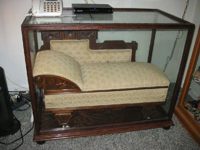 RARE child's fainting couch, folds out.  Special made case with UV glass.  Excellent condition, museum quality.